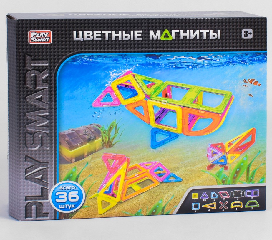 

Магнитный конструктор Play Smart цветные магниты, 36 деталей + книга с вариантами сборки