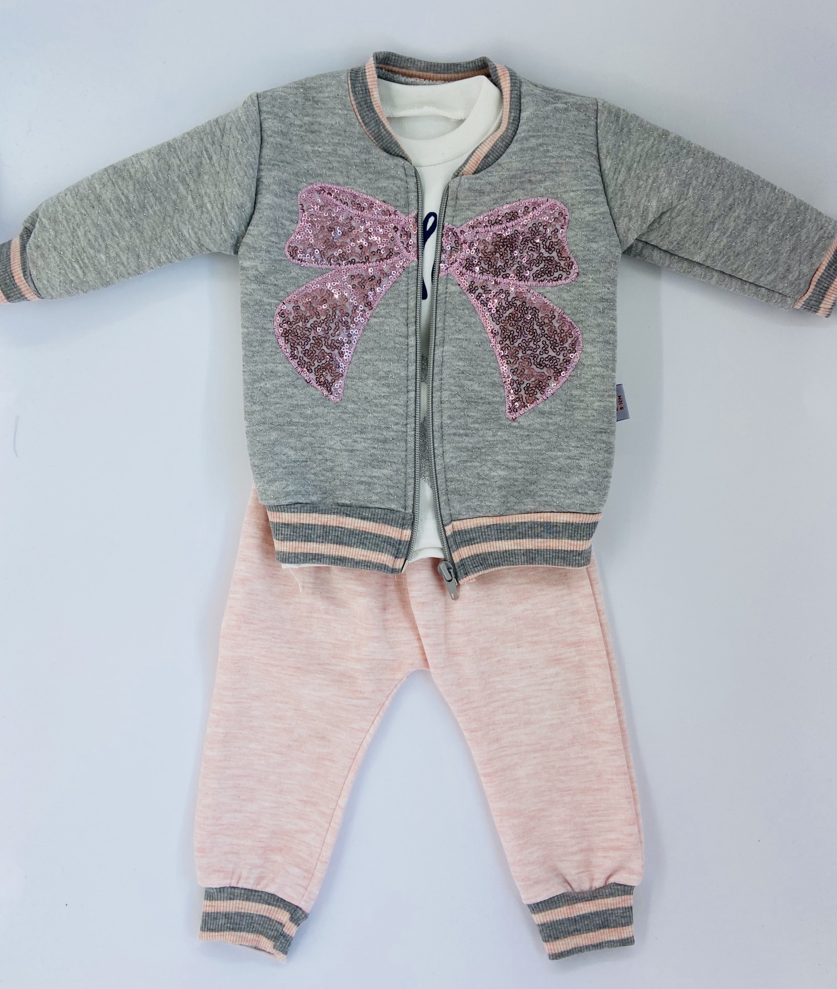 

Костюм-тройка для девочки Babydoss 74 см 6-9 месяцев серо-розовый