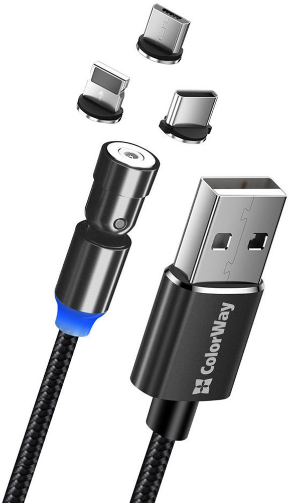 

Кабель ColorWay USB - 3в1 (Lightning+MicroUSB+Type-C) Magnetic Rotation 540° 2.4А 1 м Black (CW-CBUU037-BK)