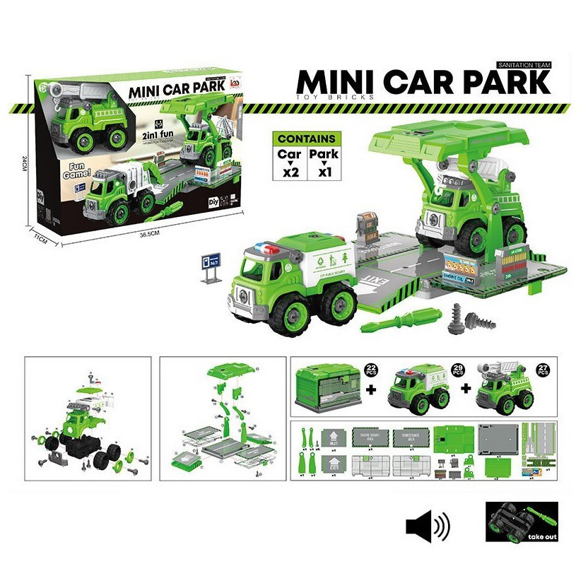 

Детский развивающий конструктор с инструментами Lei Meng Toys Mini Car Park на батарейках зеленый