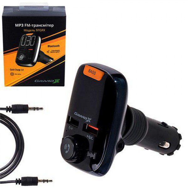 

FM-трансмиттер Grand-X 97GRX Bluetooth V5.0, MicroSD + 2 два гнезда зарядки Quick Charge 3.0+2.4A