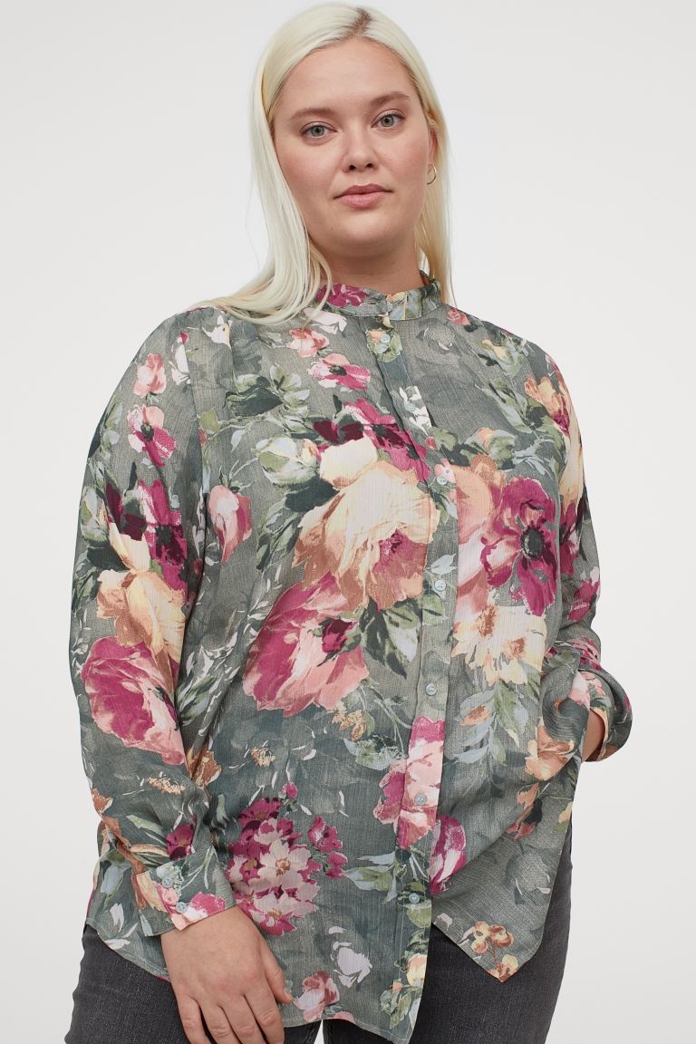 

H&M+ Блузка из жатой ткани H&M+ XL Тускло-зеленый/Розы