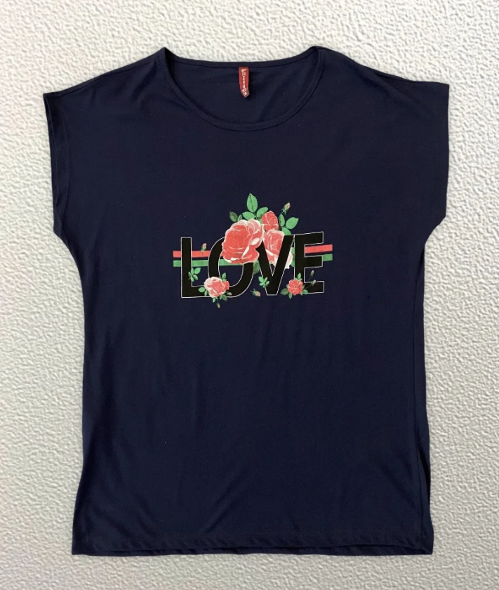 

Жіноча Футболка HAZARD Квітка LOVE синя Батал 21406 (3XL (54))