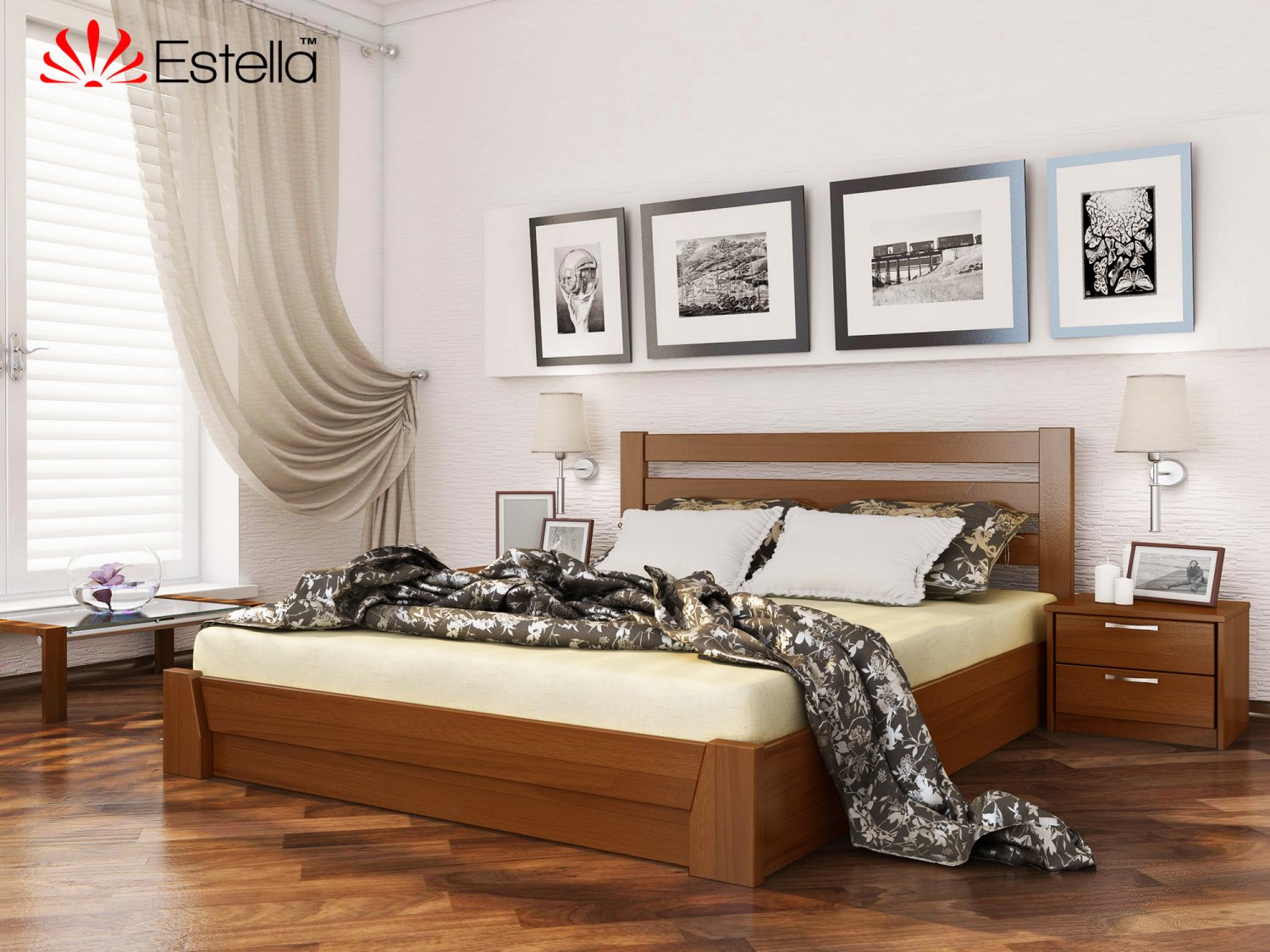 

Кровать двуспальная 160х190 деревянная Estella Селена Орех Светлый (Массив-103) Л4