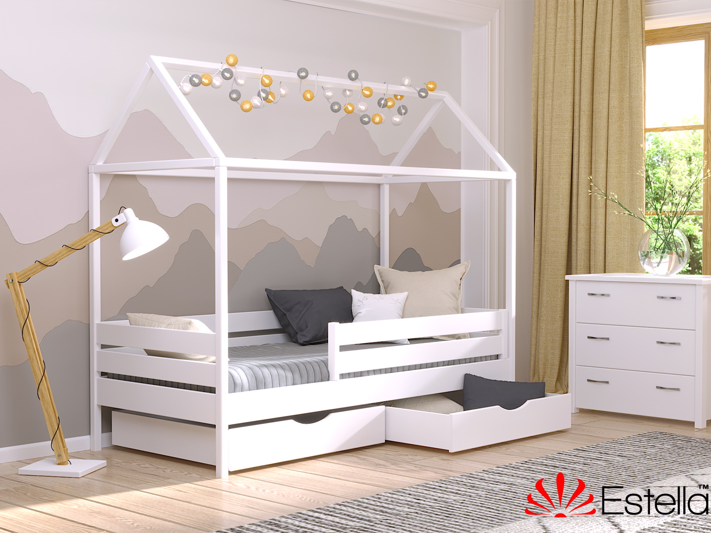 

Кровать Детская с ящиками и бортиком защитным внизу 80х190 Estella Амми Белый (Массив-107) Л2.5