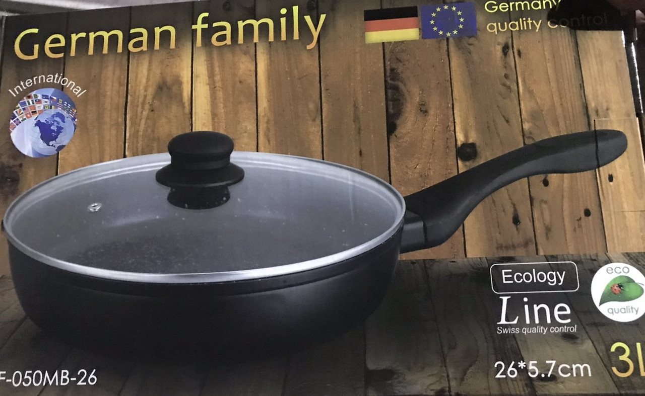 

Сковорода German Family GF-050MB-26 литая с антипригарным мраморным покрытием и крышкой (26*5.7см)