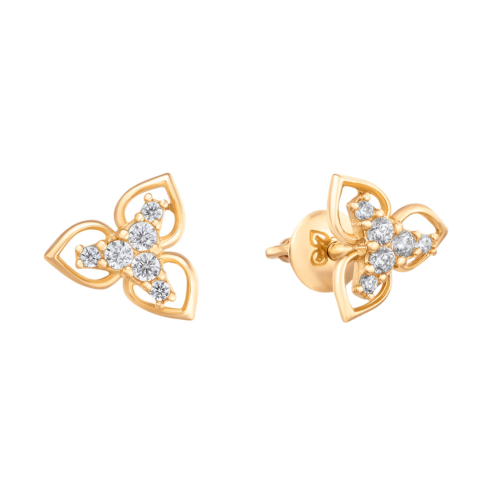 

Золотые серьги-пуссеты в желтом цвете Трилистники с фианитами