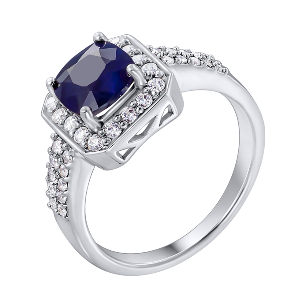 

Серебряное кольцо с сапфиром и фианитами 000140132 17.5 размера