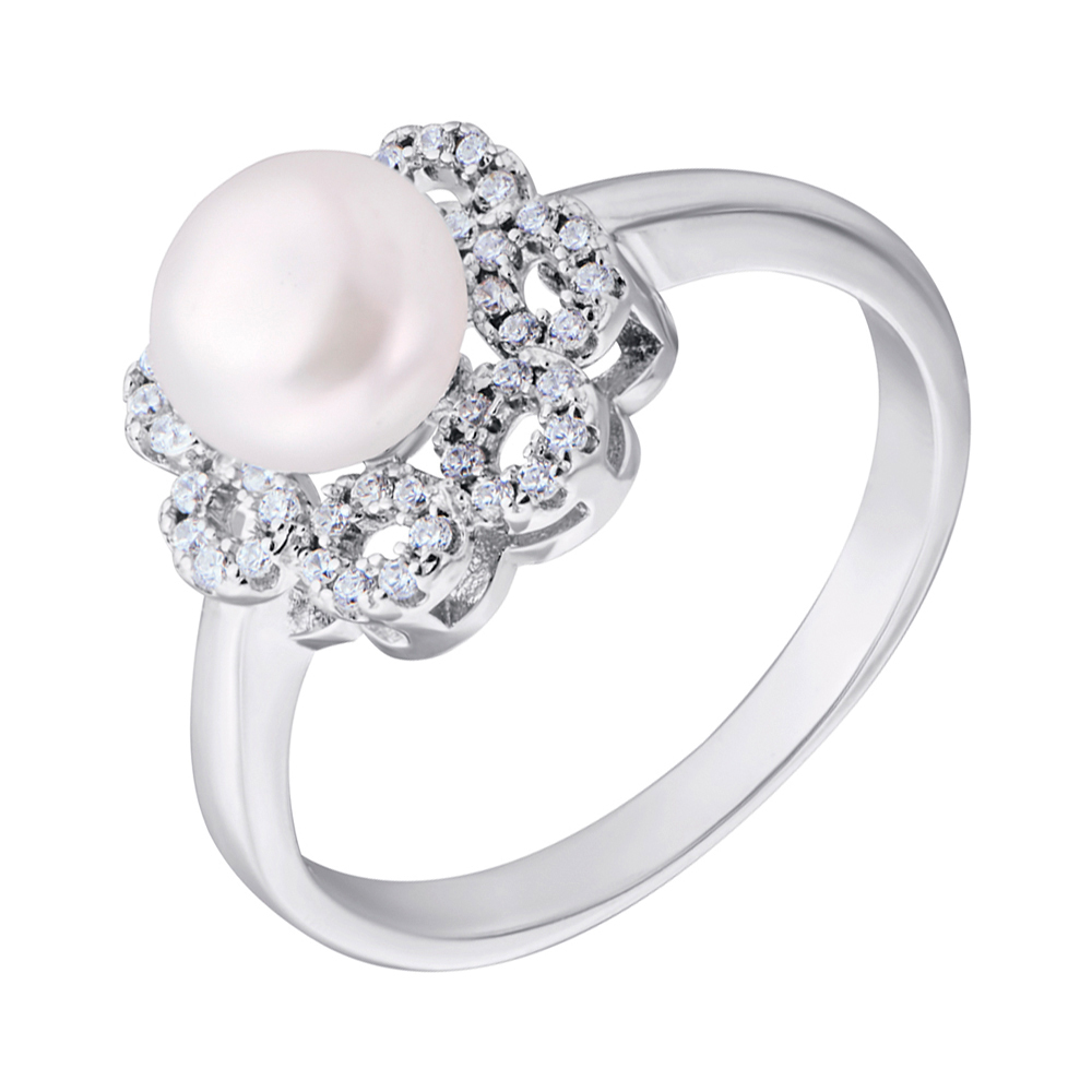 

Серебряное кольцо с жемчугом и фианитами 000132598 18.5 размера