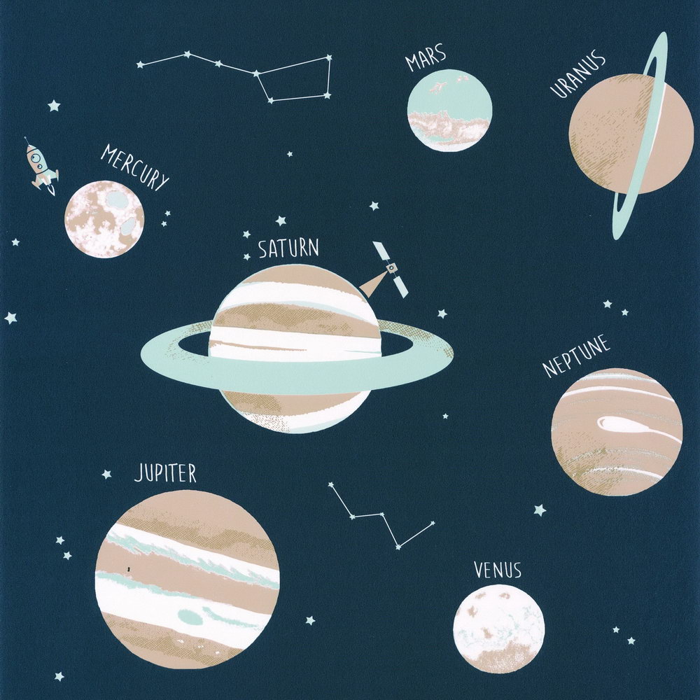 

Детские обои Caselio Our Planet OUP101906906 планеты темно-синие 0.53 х 10.05 м