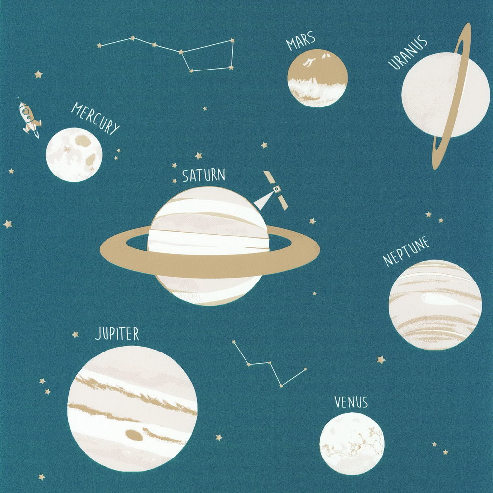 

Детские обои Caselio Our Planet OUP101906011 планеты синие 0.53 х 10.05 м
