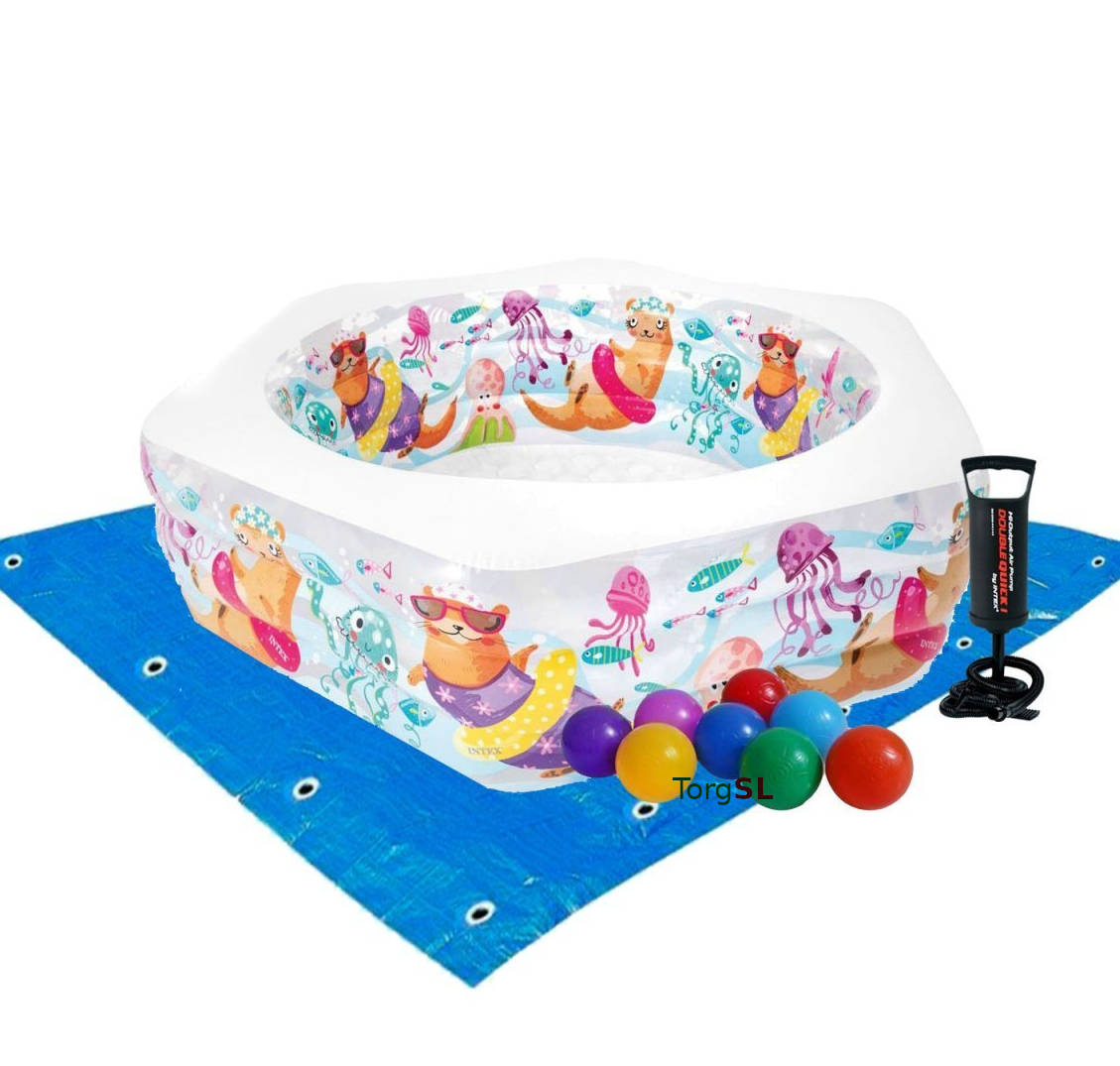 

Детский надувной бассейн Intex «Океанский Риф» 191х178х61 см из высококачественного винила + 10 шаров, подстилка и насос (int-56493-2)