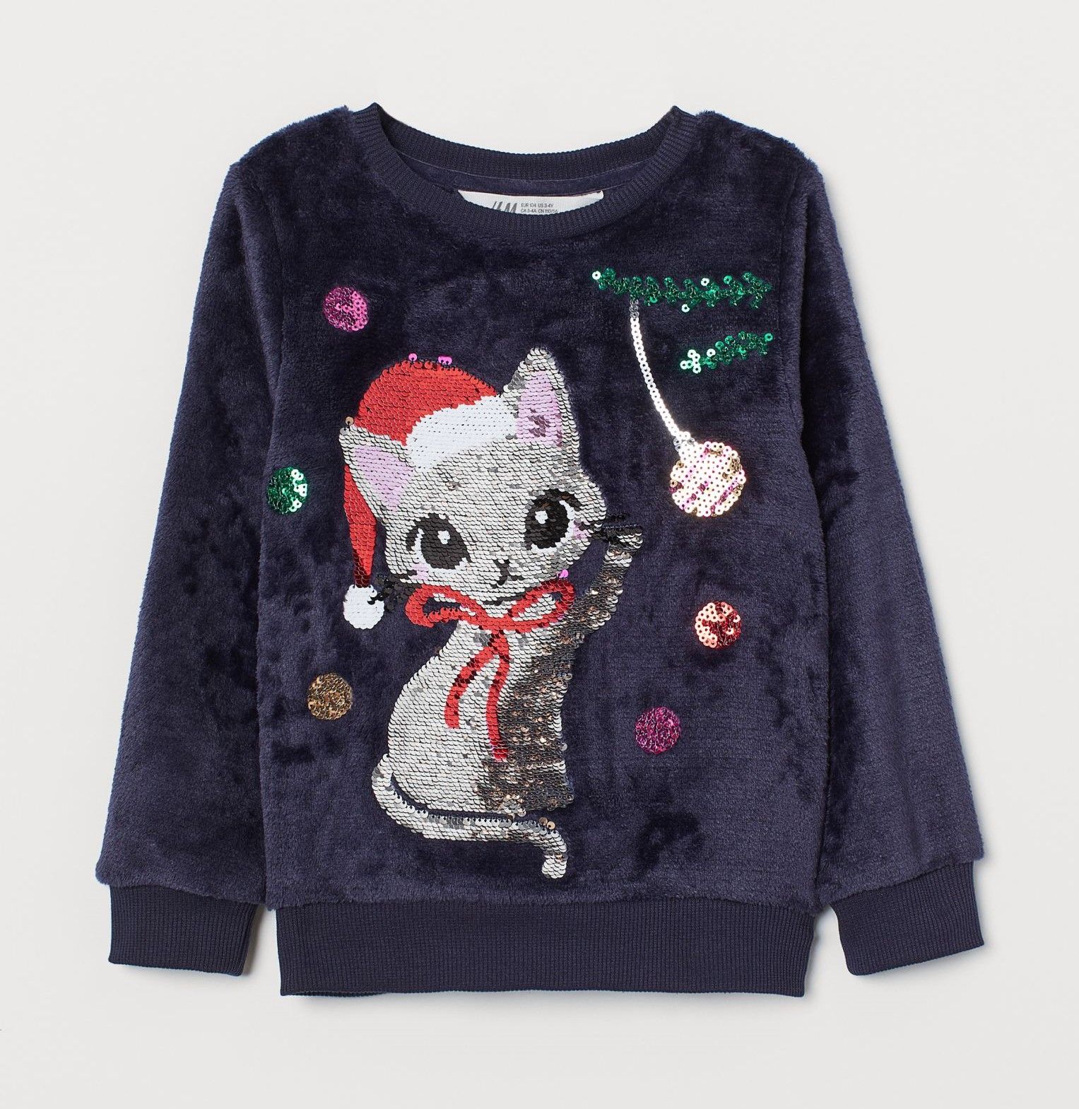 

Свитер для девочки H&M "Котик с новогодними шариками" синий 140