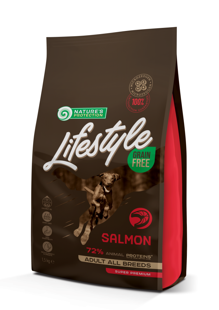 

Сухой беззерновой корм с лососем для взрослых собак всех пород Nature's Protection Lifestyle Grain Free Salmon Adult All Breeds 1.5кг (NPLS45677)