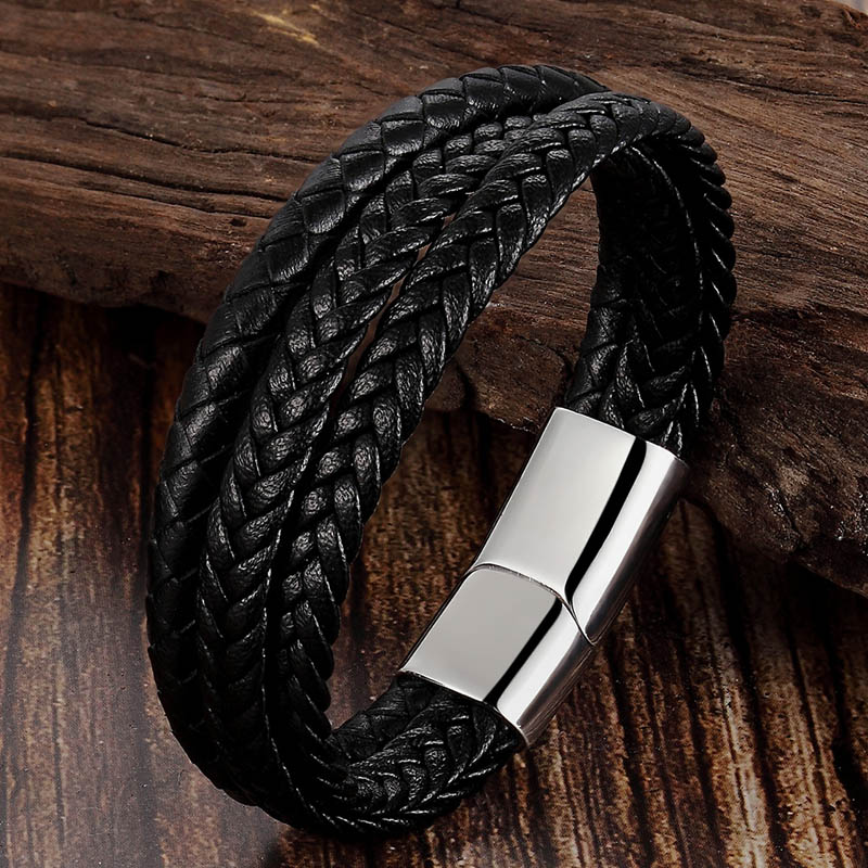 

Мужской кожаный браслет BroBand Three черный c светлой застежкой 20.5см (BB-THREE-OLDBLACK-SILVER-21-M)