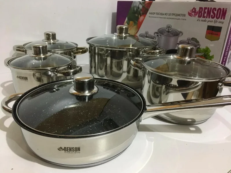

Набор посуды из нержавеющей стали с крышками Benson BN-195 10 предметов Steel