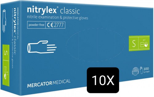 

Рукавички Nitrylex classic медичні нестерильні нітрилові без пудри Розмір S 10 упаковок по 200шт (100 пар) Сині