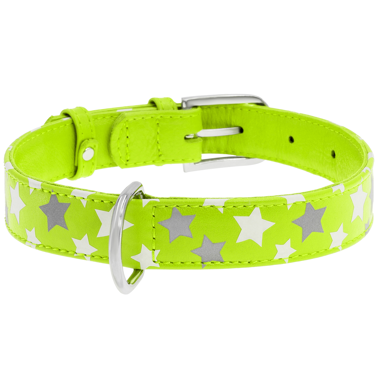 

Кожаный ошейник для собак WAUDOG Glamour с узором «Звездочка» (Светится в темноте!) 30-39 см 20 мм Лайм (35865_)