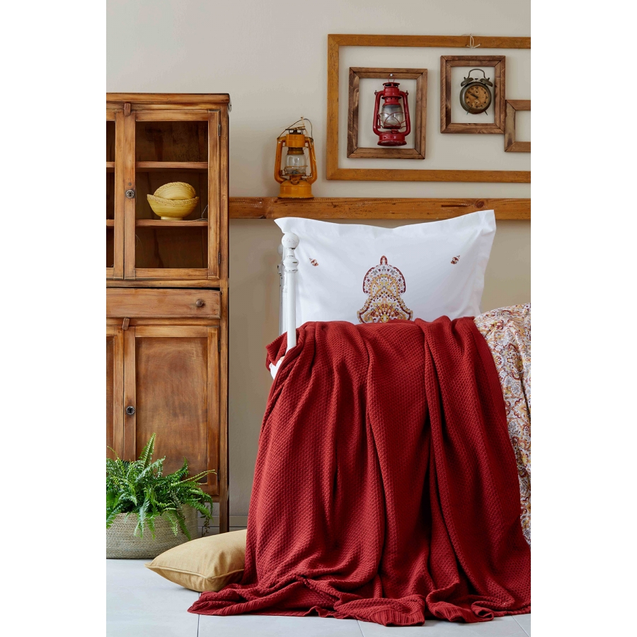 

Набор постельное белье с пледом Karaca Home - Paula kiremit 2019-1 кирпичный евро