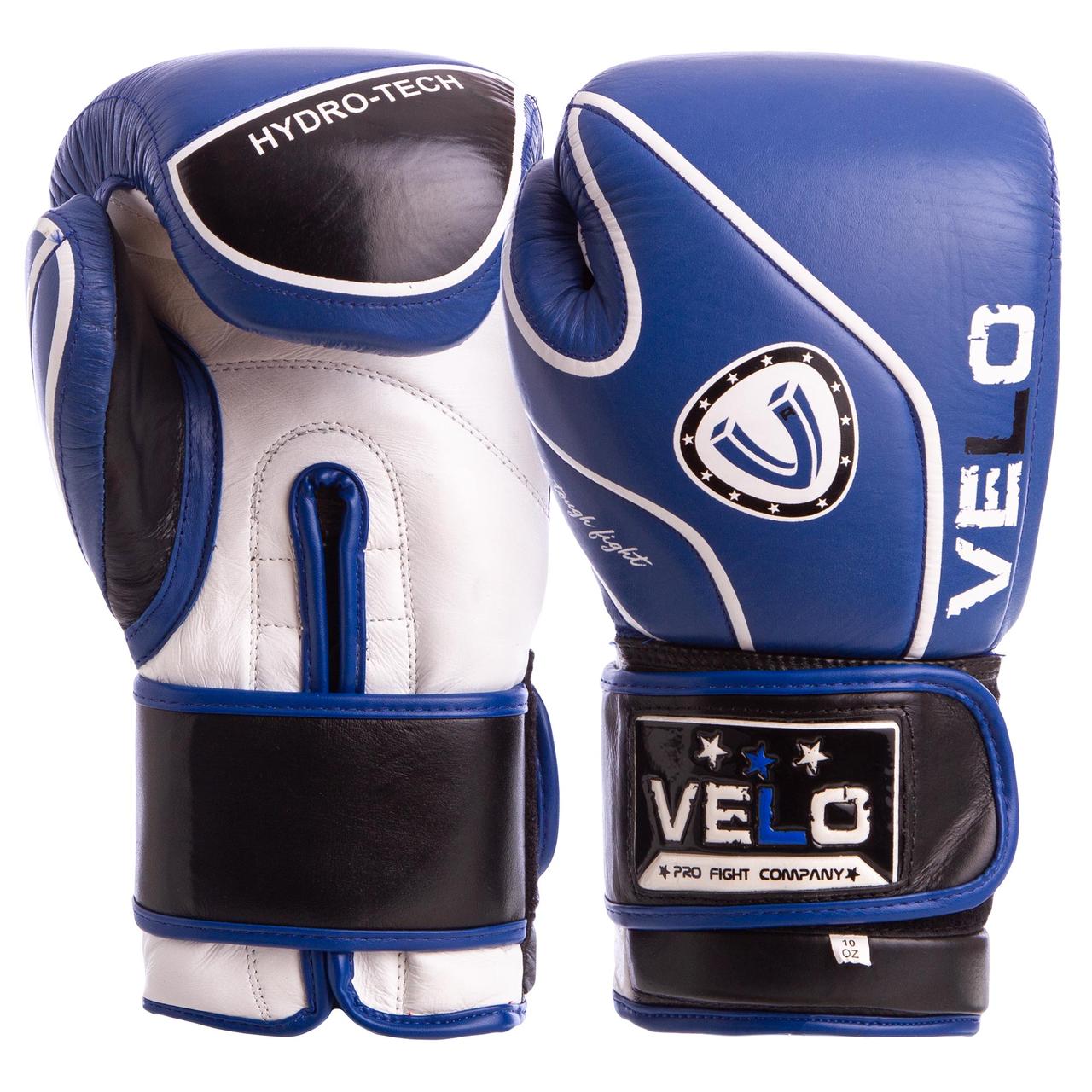 

Перчатки для бокса и единоборств VELO Champ кожаные 8188 Blue-Black-White 12 унций