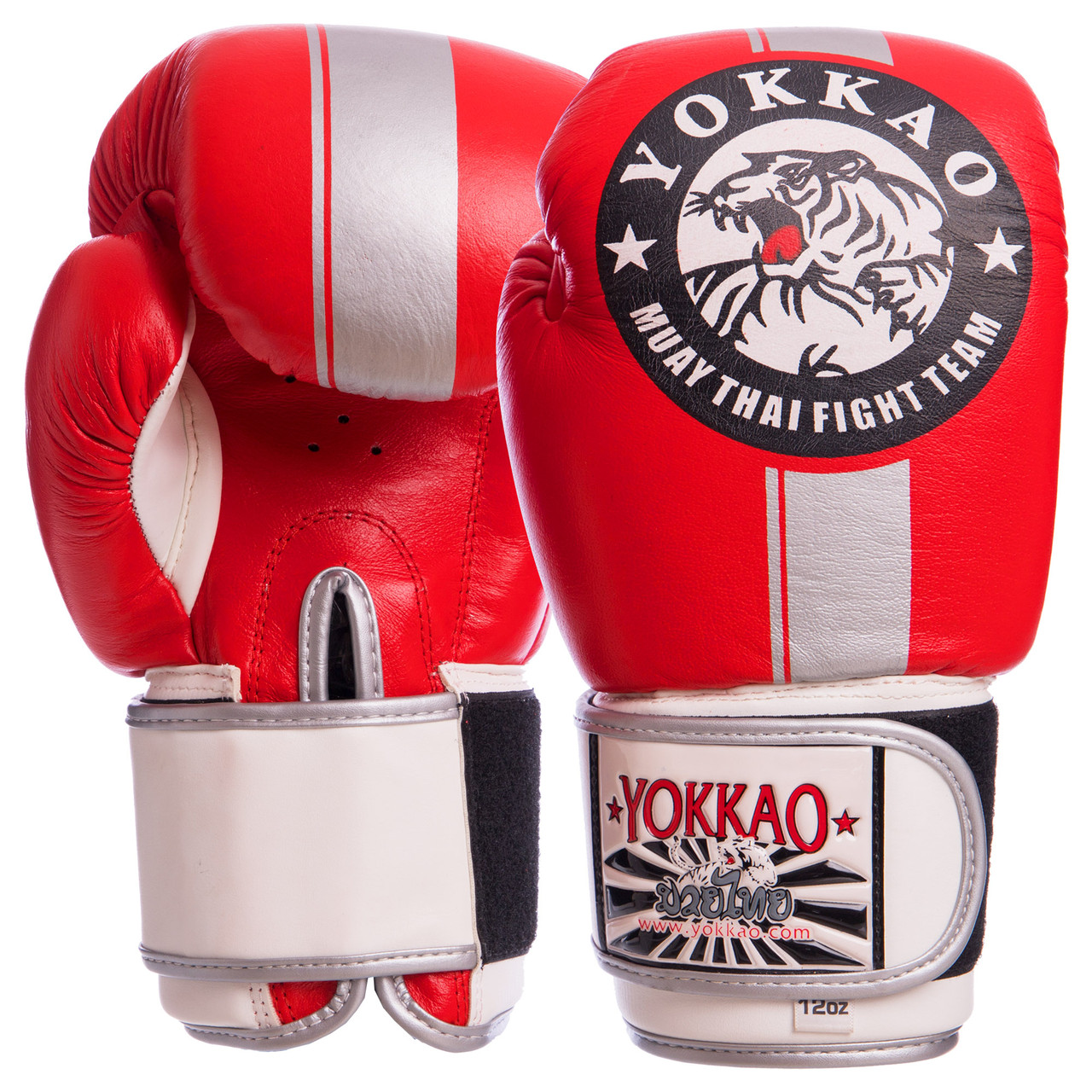 

Перчатки для бокса и единоборств кожаные YOKKAO Champ YK016 Red-Silver-White 14 унций