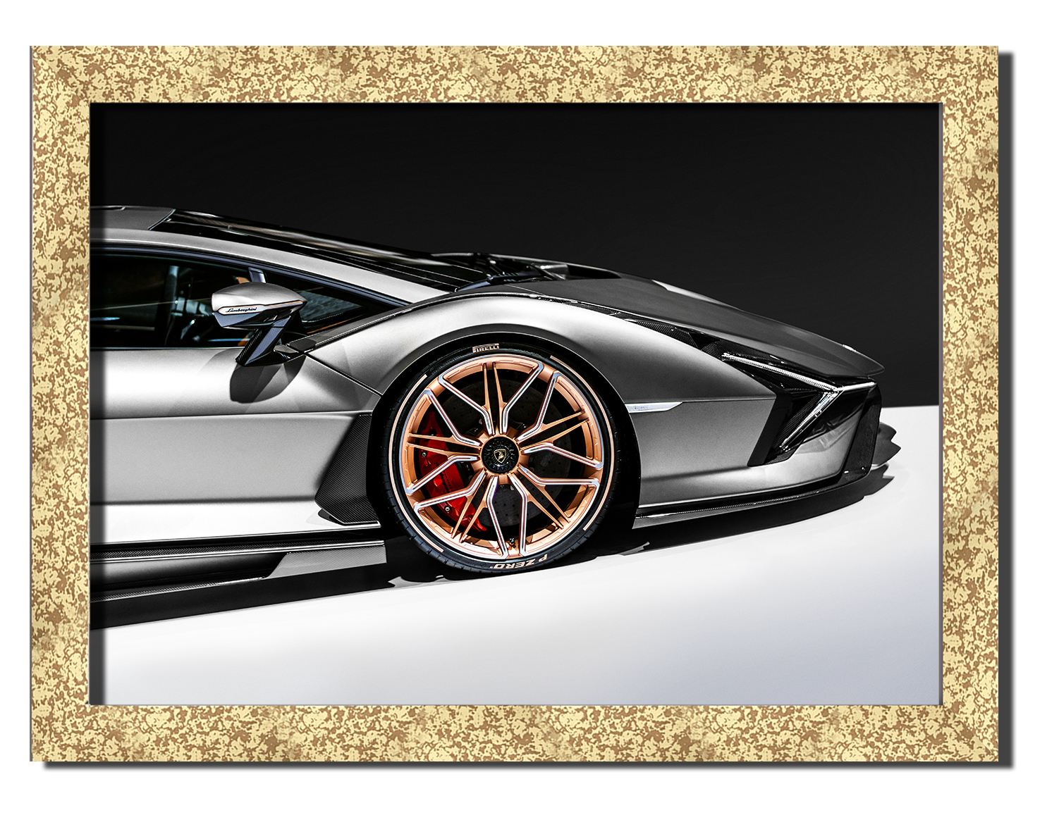 

Golden frame картина на файн-арт бумаге спорткар Lamborghini Sian итальянский автомобиль Hotel Arizona HD 31 см x 41 см