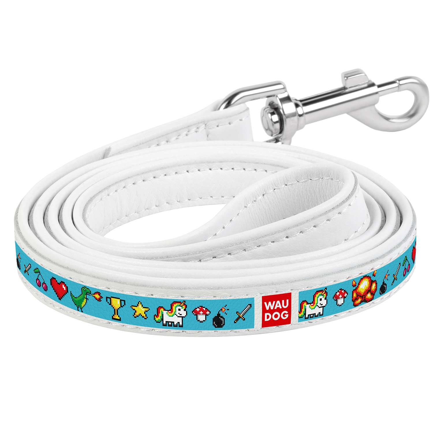 

Кожаный поводок для собак WAUDOG Design с рисунком "Пиксельный единорог" Белый 122 см 18 мм (0118-0097-15)