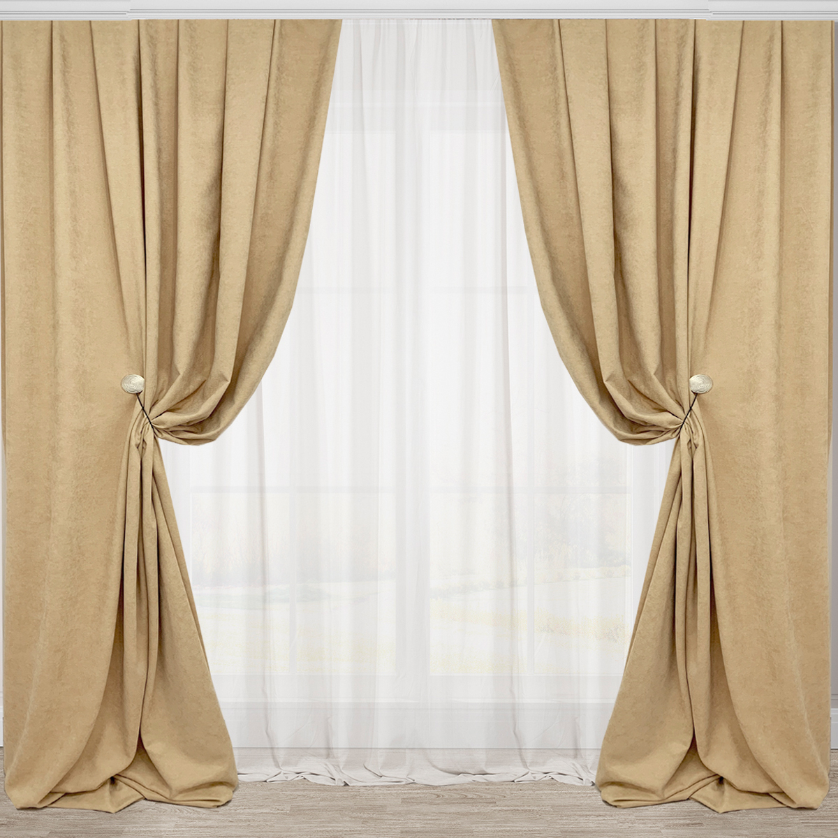 

Шторы Adagio Windows Decor Манчестер в песочном цвете, микровельвет однотонный 150х290см (2шторы)