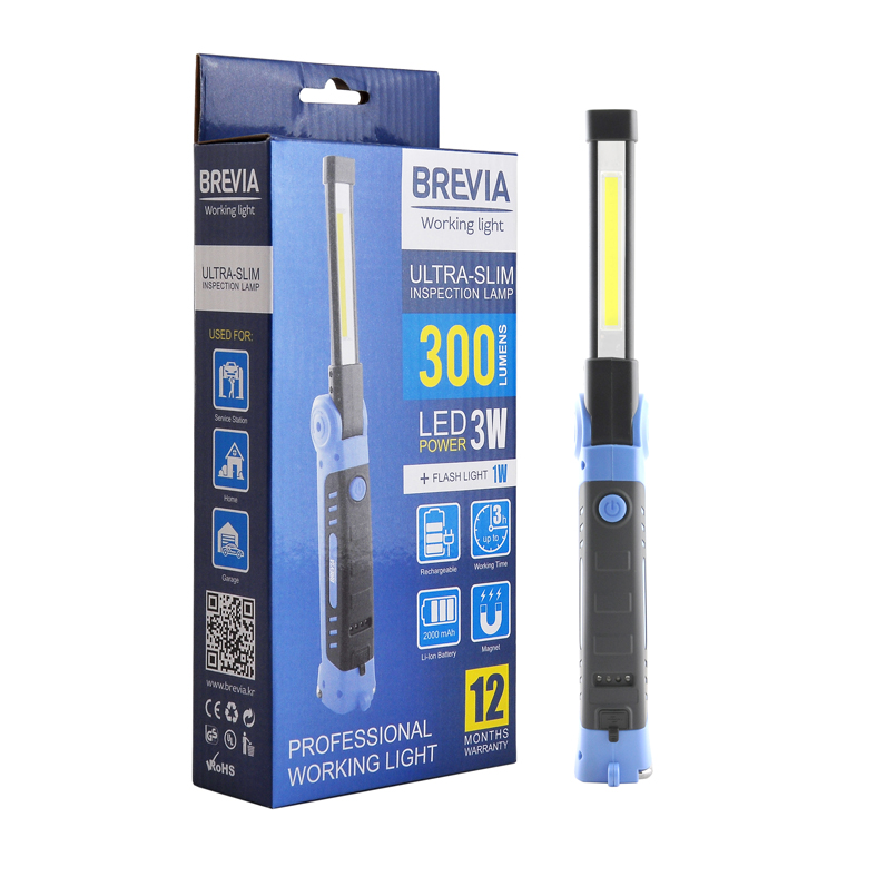 

Фонарь инспекционный Brevia LED Ultra-slim 3W COB+1W LED 300lm 2000mAh microUSB 11360