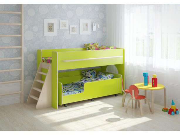 

Двухъярусная кровать KidsBunkBed D-06 с выдвижным ярусом лайм дуб молочный 180х80, 160х80 см