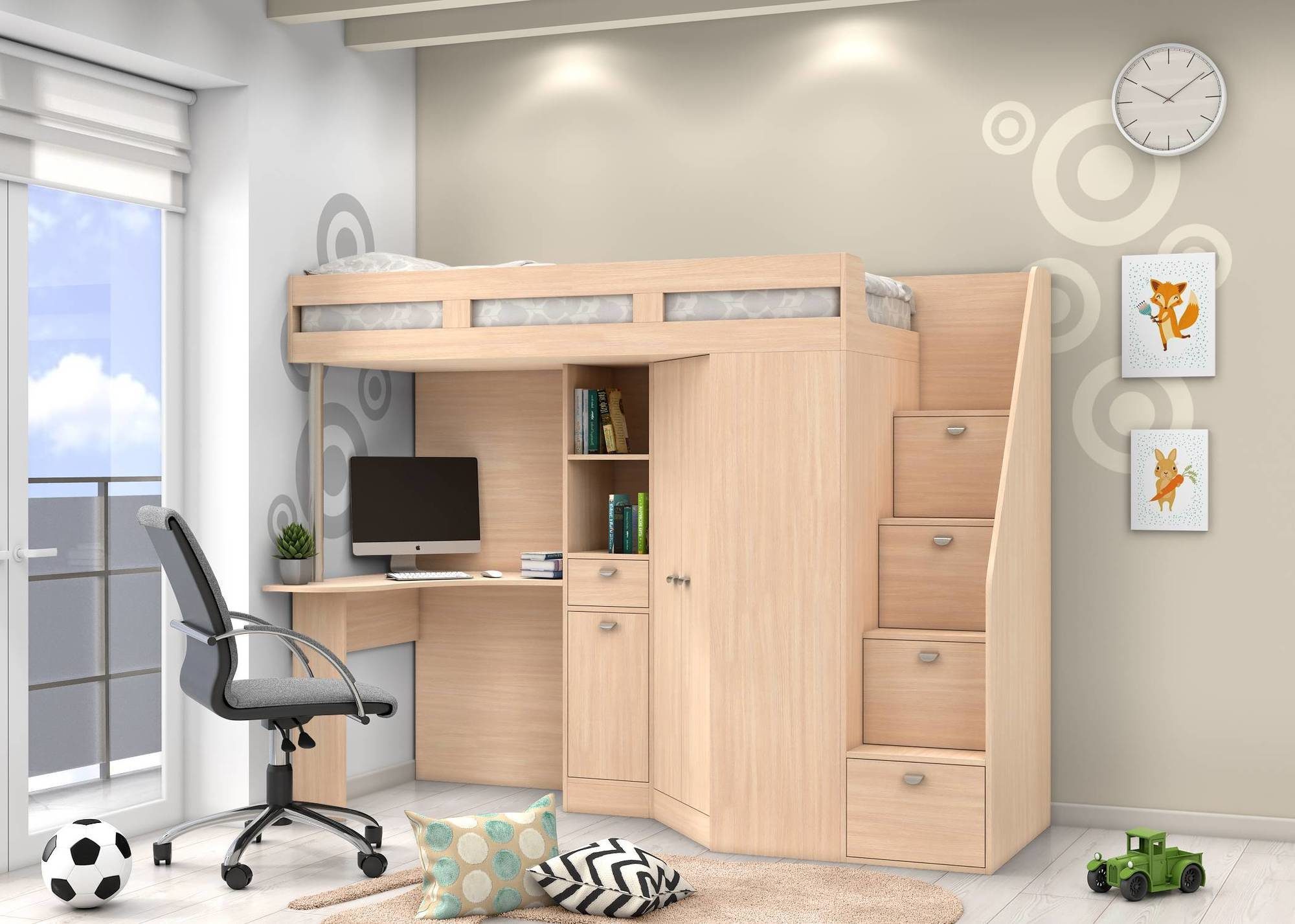 

Кровать-чердак с рабочей зоной KidsBunkBed K-010 венге светлый 842 × 1809 × 2384 мм