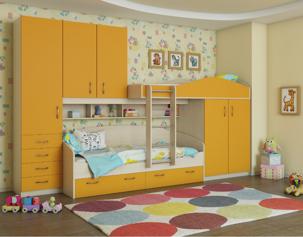 

Двухъярусная кровать KidsBunkBed D-90 венге светлый апельсин 3350х2150х842 мм