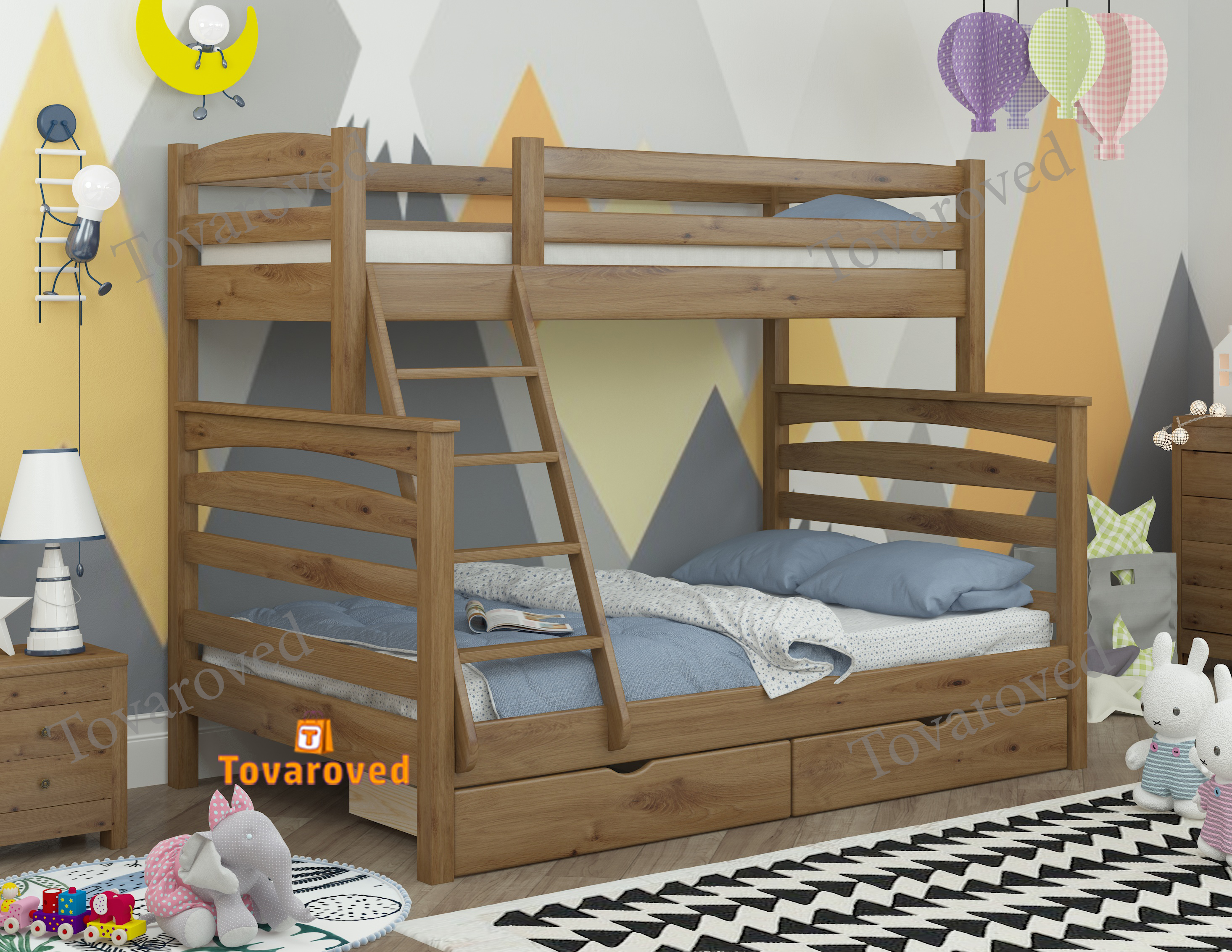 

Двухъярусная кровать с Ящиками 80х120х190 Wellmebely Кай Трансформер сосна Орех Светлый Л6