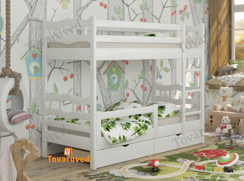 

Двухъярусная кровать с Ящиками 90х200 и бортиком защитным внизу Wellmebely Робин Трансформер сосна Белый Л6