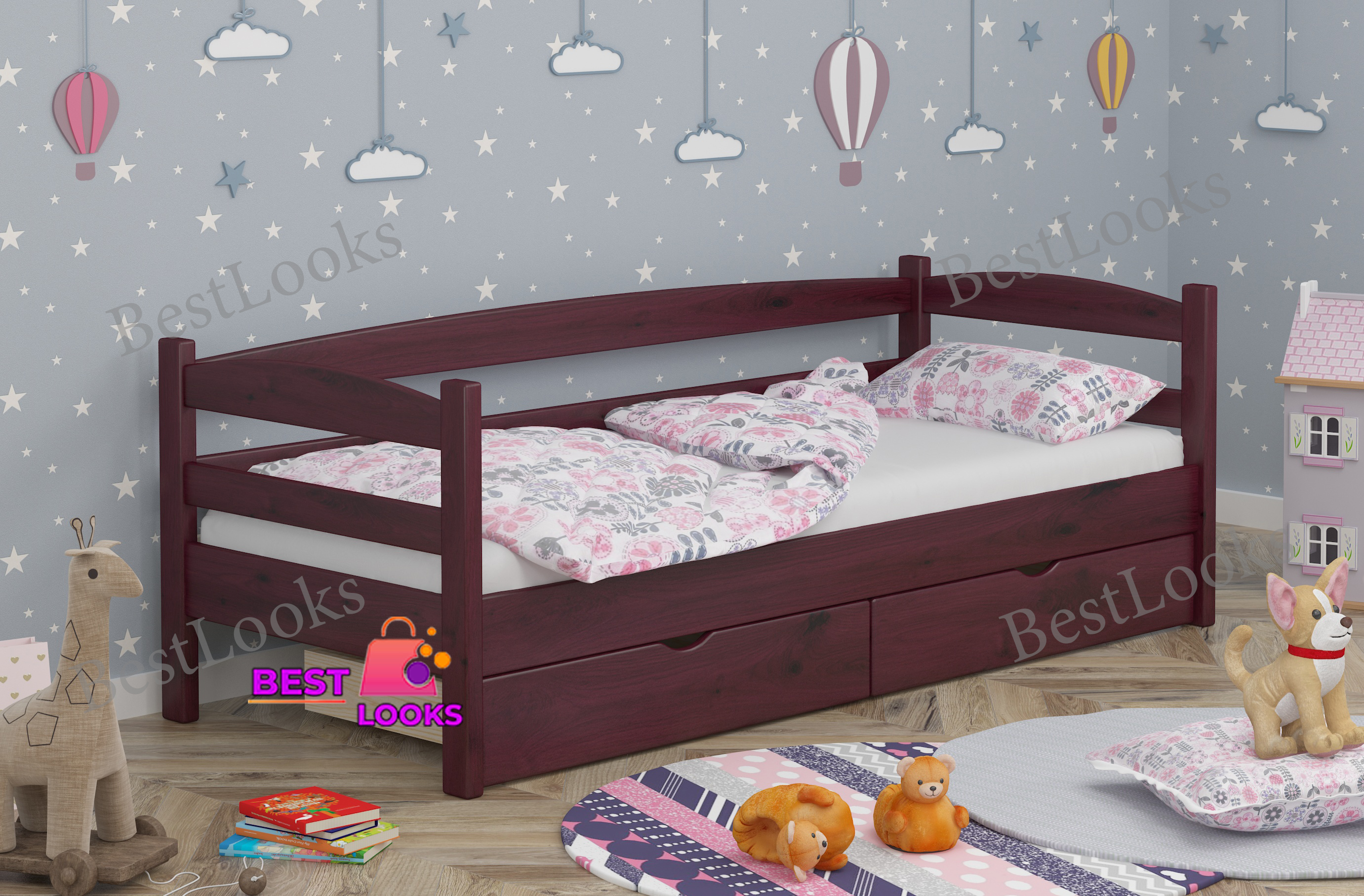 

Кровать детская односпальная с Ящиками 80х200 Wellmebely Нота Плюс сосна Махонь Л6