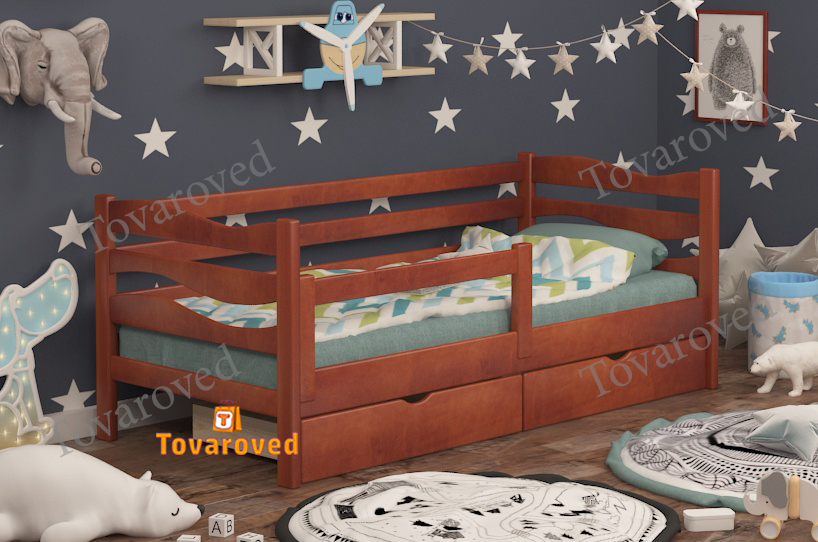 

Кровать детская односпальная с Ящиками 90х190 и бортиком защитным внизу Wellmebely Волна сосна Яблоня Л6