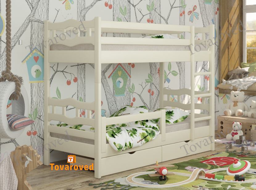 

Двухъярусная кровать с Ящиками 90х200 и бортиком защитным внизу Wellmebely Робин Трансформер сосна Бежевый Л6