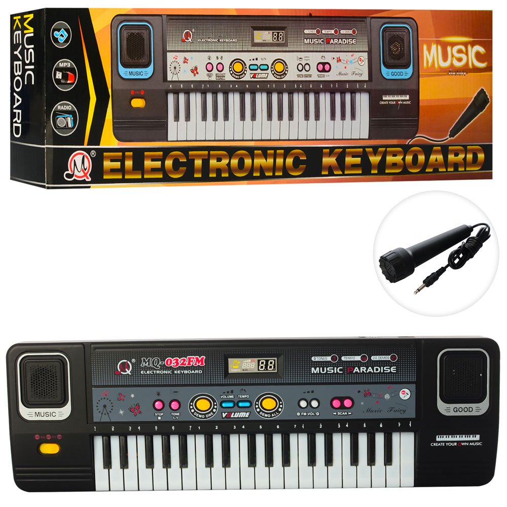 

Синтезатор MQ032FM (36шт) 37клавиш,FM. микрофон, на бат-ке, в кор-ке, 47,5-14,5-5,5см