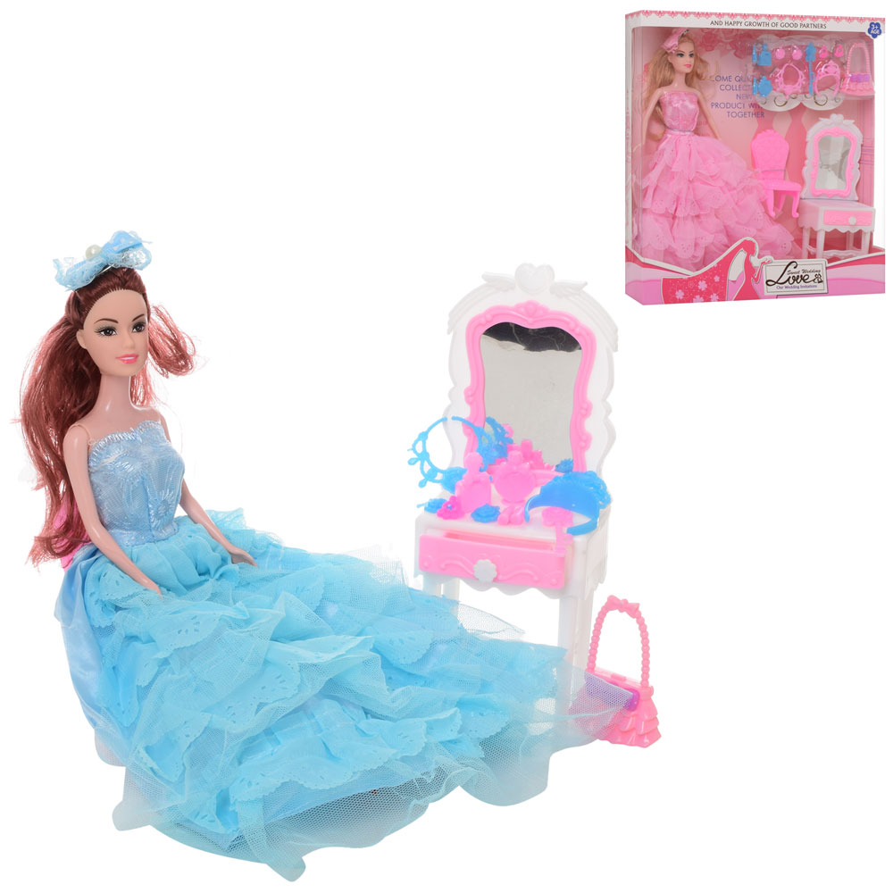 

Кукла 9911C (48шт) 29см, трюмо, стул, аксессуары, 2цвета, в кор-ке, 32-33-6см