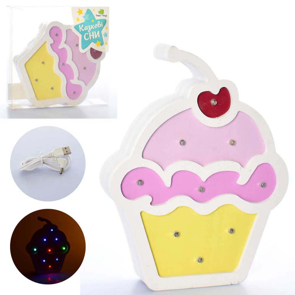 

Деревянная игрушка Ночник MD 2225 (30шт) капкейк,20см,св, USBзар, от сети/на бат, в кор, 20-20,5-4см
