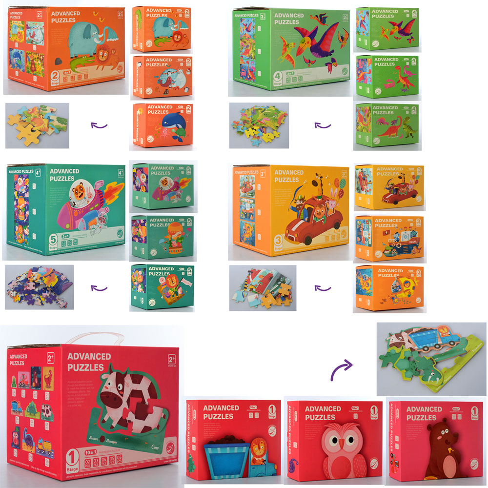 

Деревянная игрушка Пазлы MD 2632 (16шт) животные/транспорт, 5видов, в кор-ке, 22-17-14см
