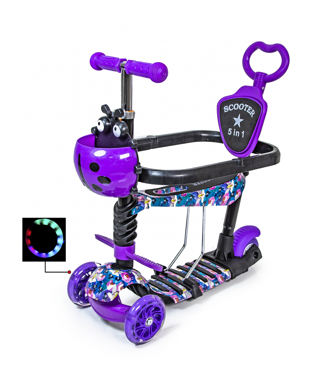 

Детский самокат Scooter Божья коровка 5 в 1 с бортиком и родительской ручкой, Орхидея