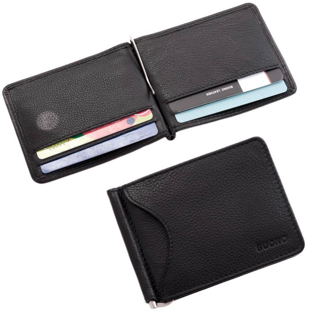 

Мужской зажим портмоне для денег кожаный на магните Buono черный (30958 black)