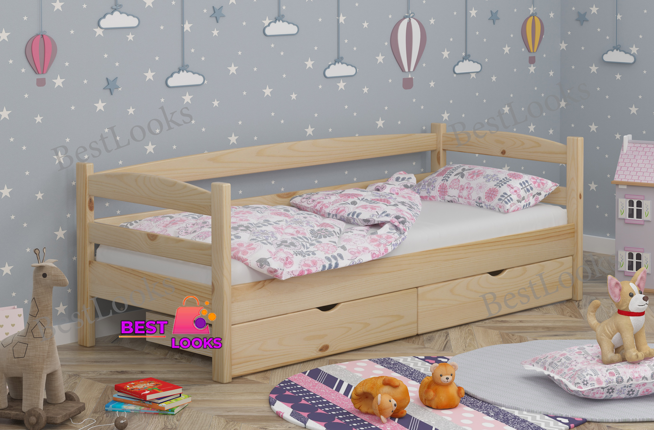 

Детская Кровать односпальная с Ящиками 80х200 Wellmebely Нота Плюс сосна Бук Л6