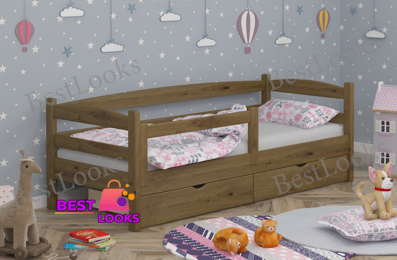 

Детская Кровать односпальная с Ящиками 80х190 и бортиком защитным внизу Wellmebely Нота Плюс сосна Орех Светлый Л6