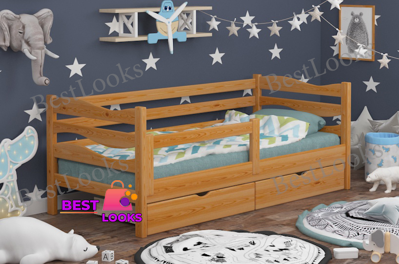 

Детская Кровать односпальная с Ящиками 80х200 и бортиком защитным внизу Wellmebely Волна сосна Ольха Л6