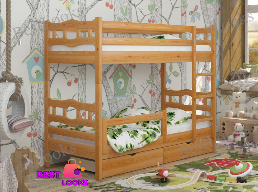 

Кровать Двухъярусная с Ящиками 90х190 и бортиком защитным внизу Wellmebely Робин Трансформер сосна Ольха Л6