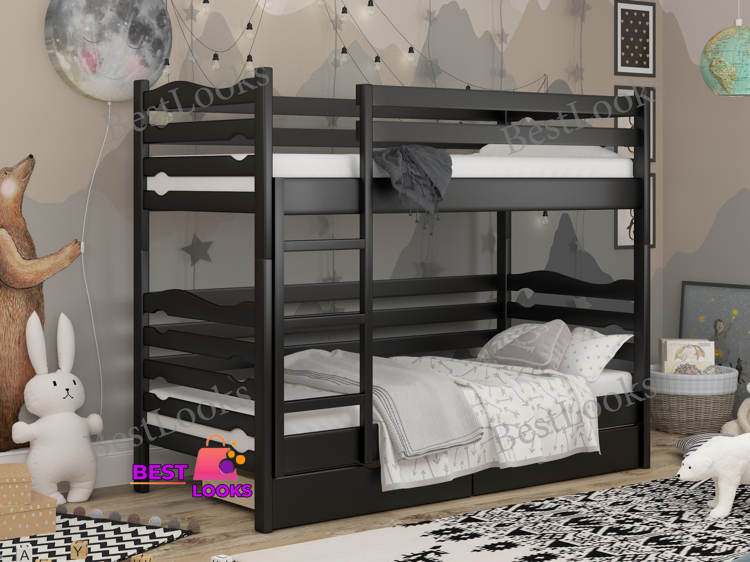

Кровать Двухъярусная с Ящиками 90х190 Wellmebely Эрика Трансформер сосна Венге Л6