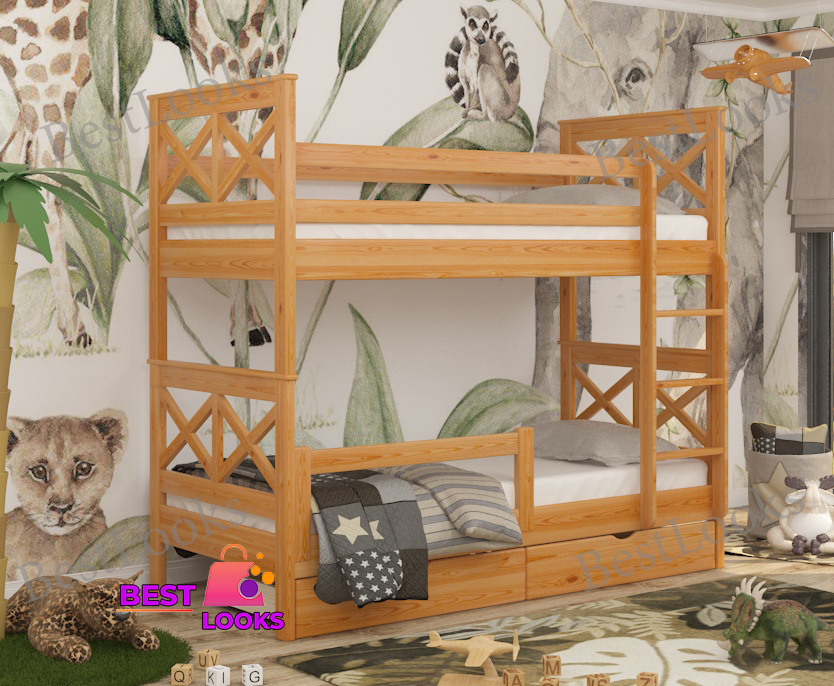 

Кровать Двухъярусная с Ящиками 80х190 и бортиком защитным внизу Wellmebely Маугли Трансформер сосна Ольха Л6