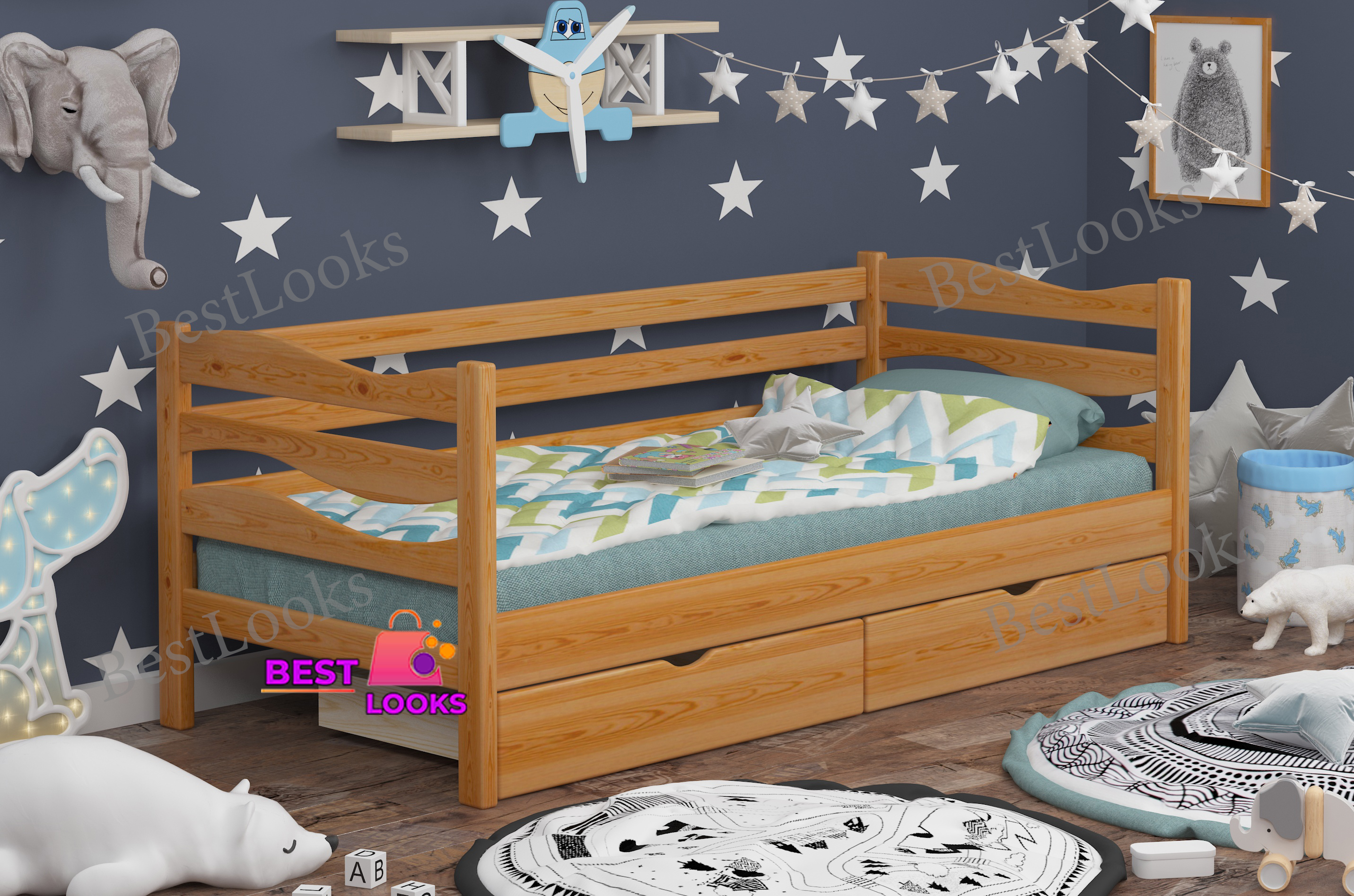 

Детская Кровать односпальная с Ящиками 80х200 Wellmebely Волна сосна Ольха Л6